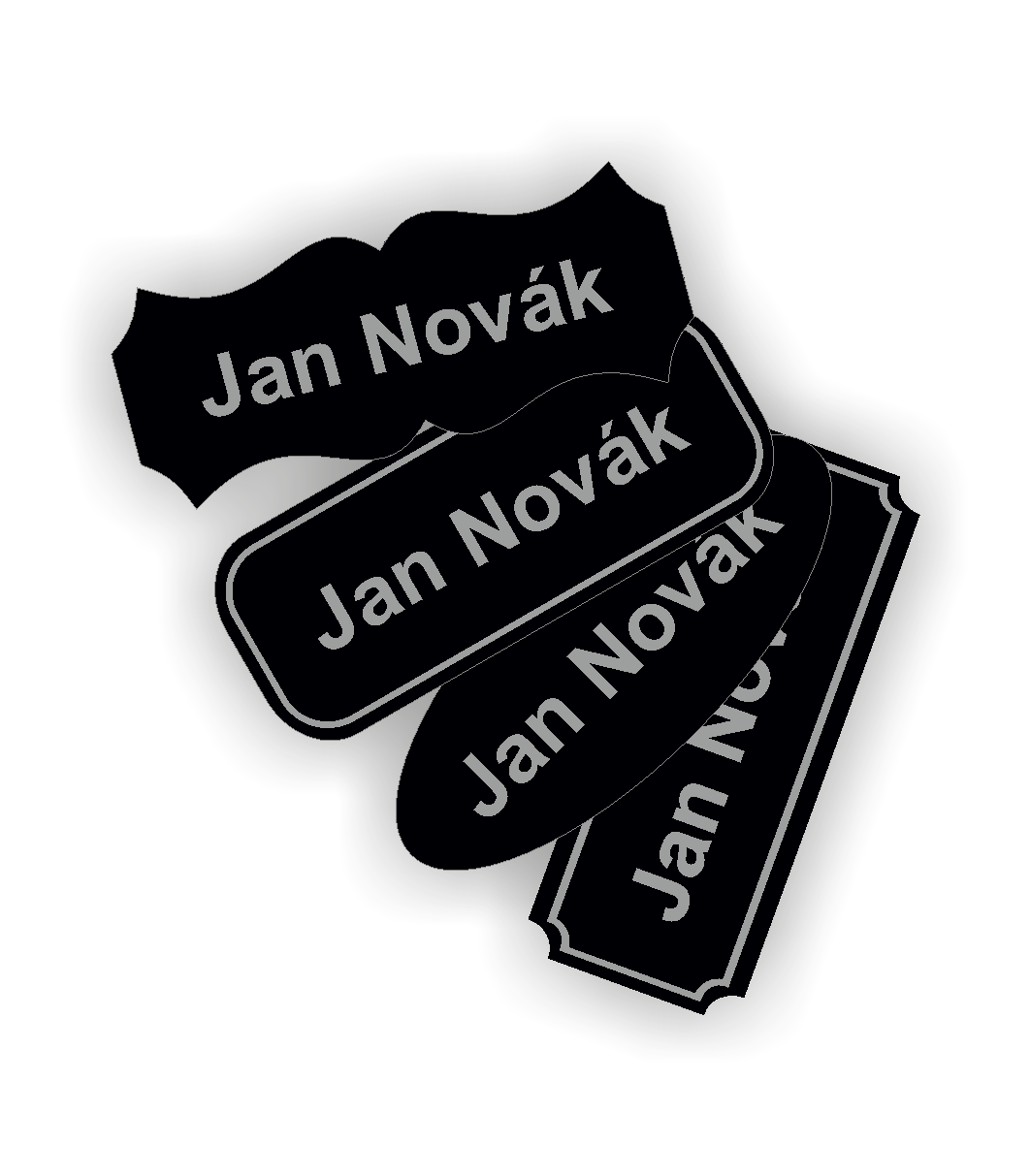 Štítky plastové - materiál matný černý plast (šedé písmo)