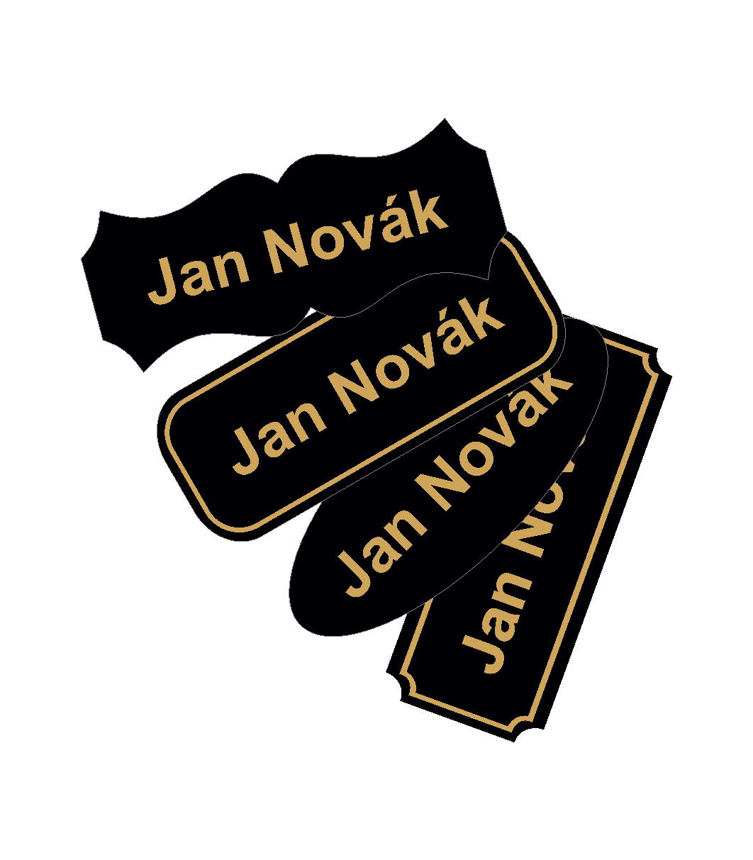 Štítky plastové - materiál matný černý plast (zlaté písmo)